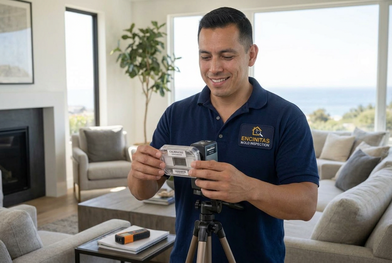 Professional air sampling cassette collecting an indoor mold air sample in an Encinitas living room