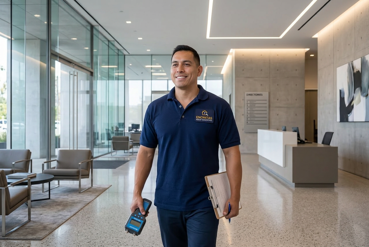 Commercial mold inspector performing a mold inspection at an Encinitas office building