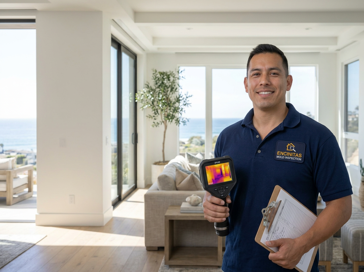 Certified Encinitas mold inspector in branded navy polo performing a residential mold inspection with a FLIR thermal imaging camera and clipboard inside a coastal Encinitas home