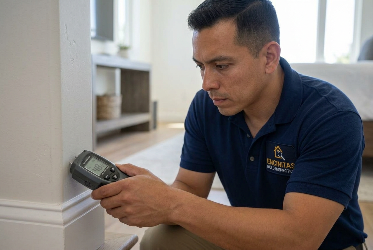 Certified inspector using a professional moisture meter against drywall during an Encinitas mold inspection