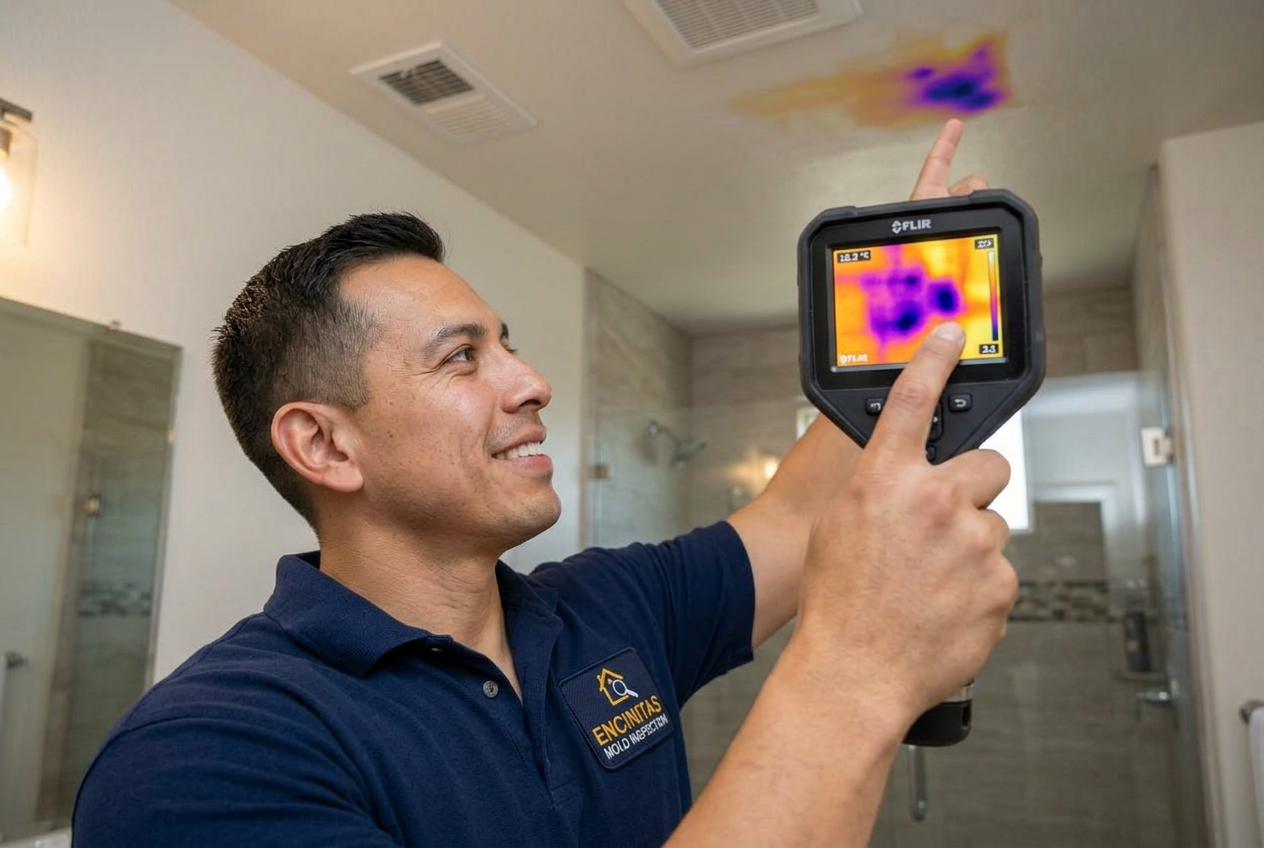 Thermal imaging camera showing hidden moisture on an Encinitas interior wall